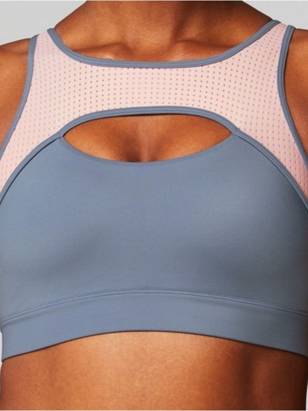 Fabletics Two-Tone High-Neck Cutout Sports Bra in Gray & Pale Pink